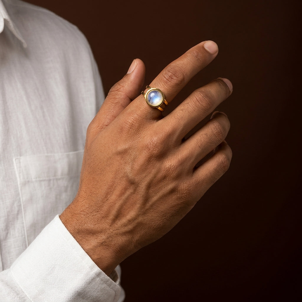 Moon Light Real Stone Flexi Size Golden Ring | 18K Real Gold PVD Plated– For Men | Includes: Ring