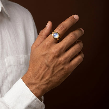 Moon Light Real Stone Flexi Size Golden Ring | 18K Real Gold PVD Plated– For Men | Includes: Ring