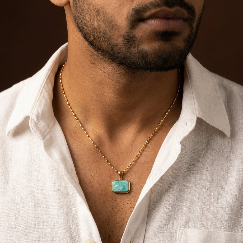 Amazonite REAL Stone Men's Necklace | 18K PVD Gold Plated - For Men| Includes: Necklace