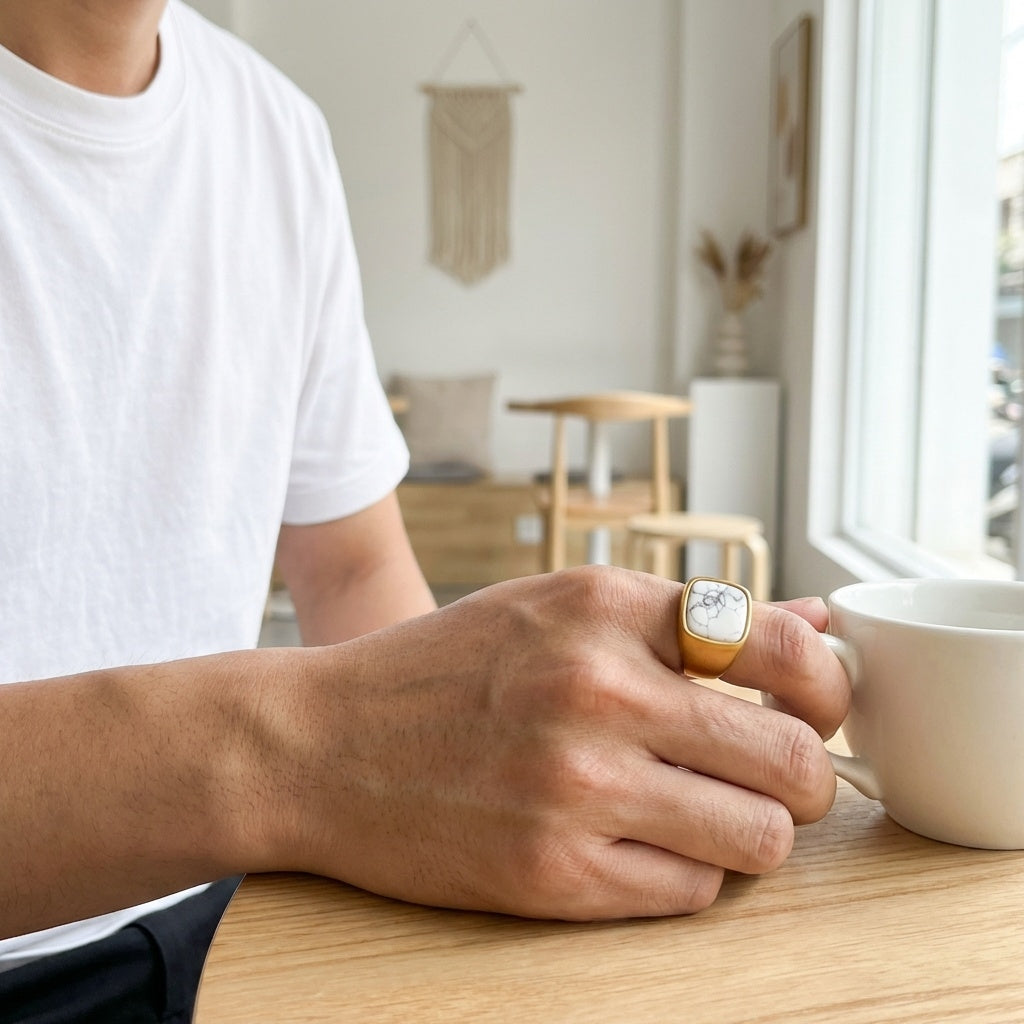 Howlite Stone BOLD Titanium Golden Ring | 18K Real Gold PVD Plated– For Men | Includes: Ring