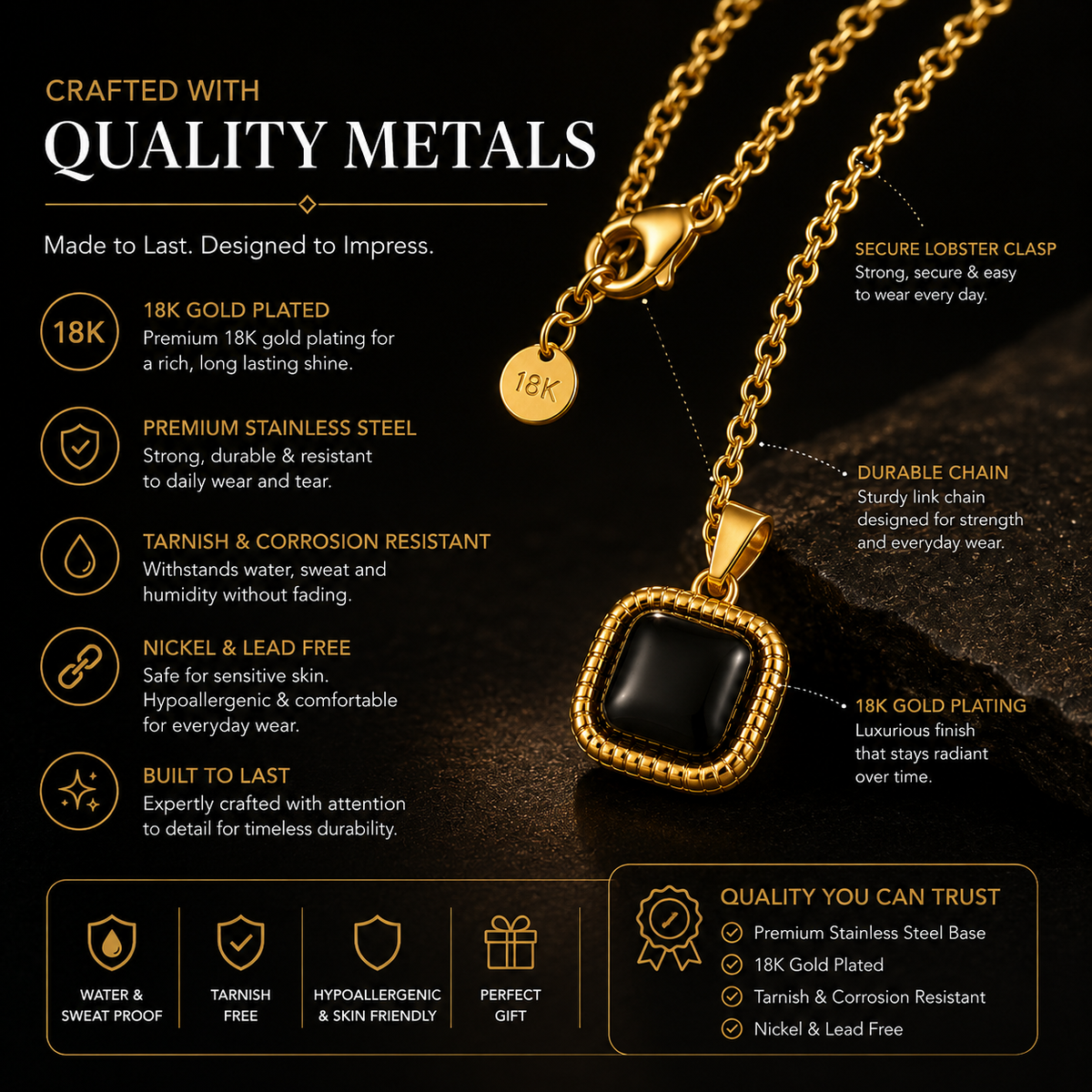 Noir Black CUSHION Necklace | Gold-Tone - For Women | Includes: Necklace