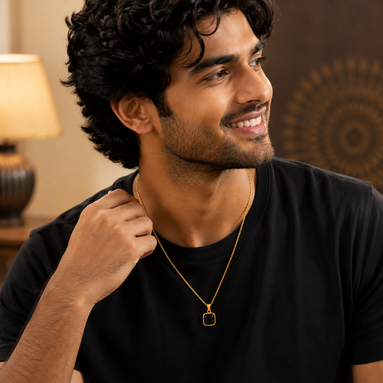 Black Center Piece Men's Dainty Necklace | 18K PVD Gold Plated - For Men| Includes: Necklace
