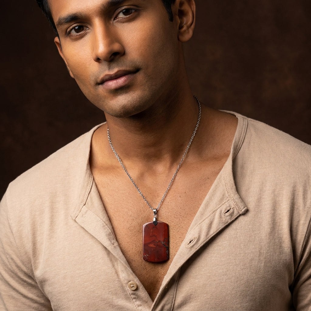 Red Jasper REAL Stone Men's Necklace | Stainless Steel - For Men| Includes: Necklace