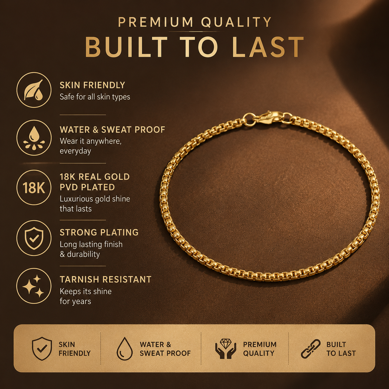 Golden Box Design Flexi Size Steel THIN Bracelet (3MM) | 18K PVD Gold Plated- For Men | Includes: Bracelet