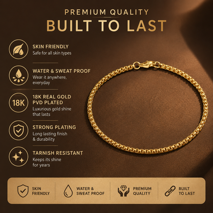 Golden Box Design Flexi Size Steel THIN Bracelet (3MM) | 18K PVD Gold Plated- For Men | Includes: Bracelet