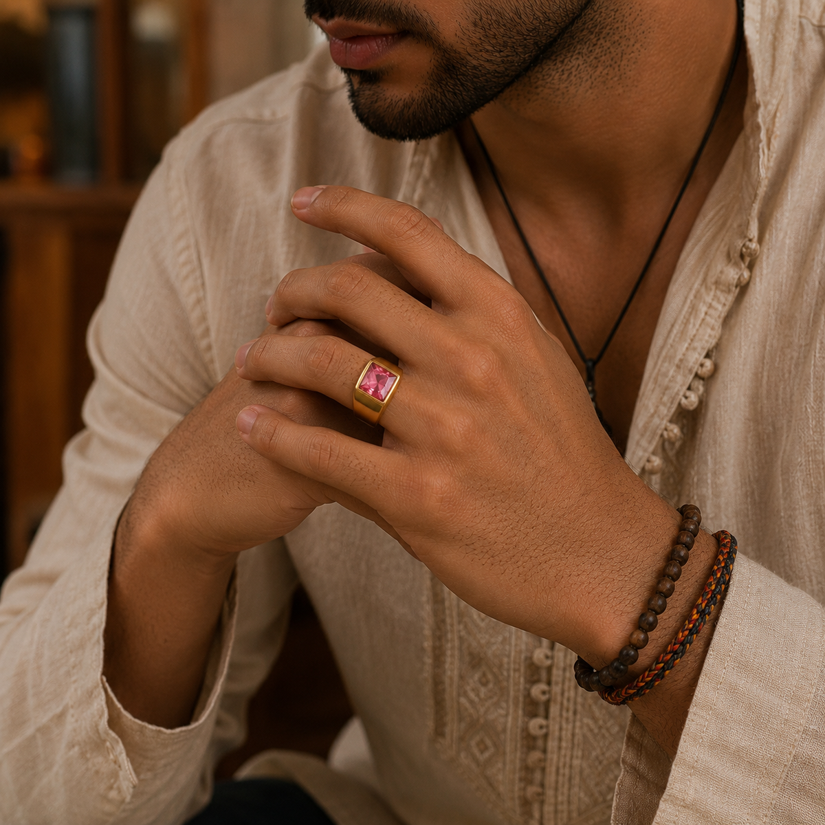 Golden Regular Pink Square Zircon Titanium Ring | 18K Real Gold PVD Plated– For Men | Includes: Ring