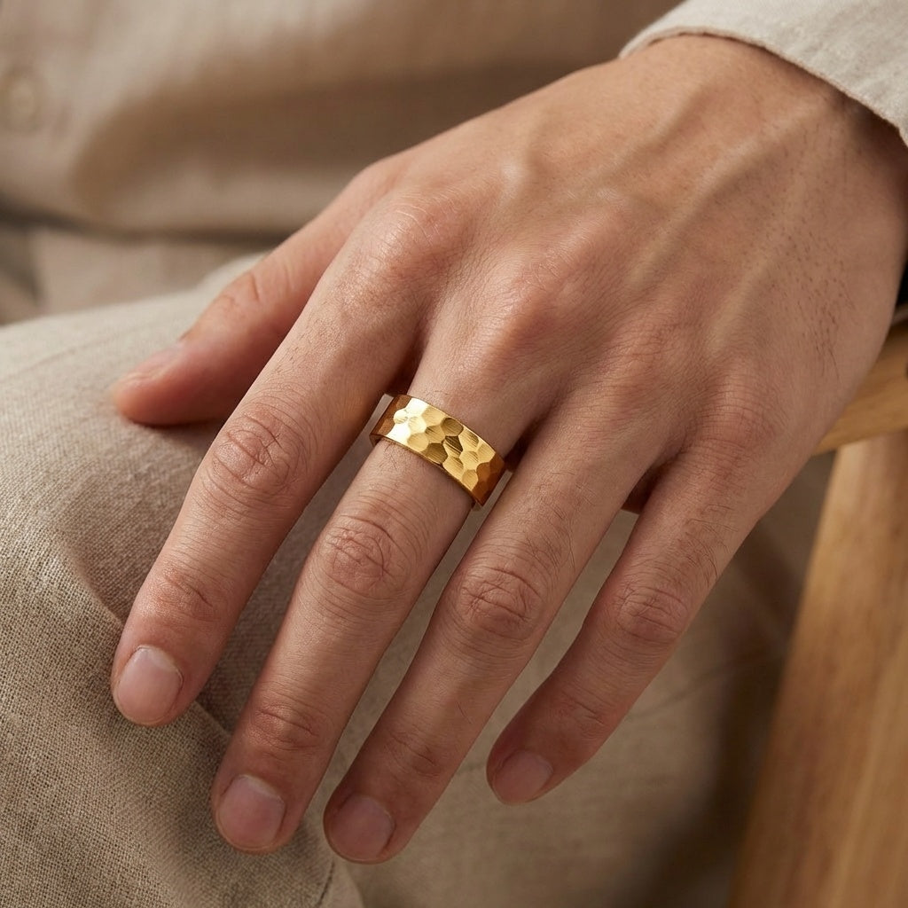 Hammered Titanium Steel Golden Ring | 18K Real Gold PVD Plated– For Men | Includes: Ring