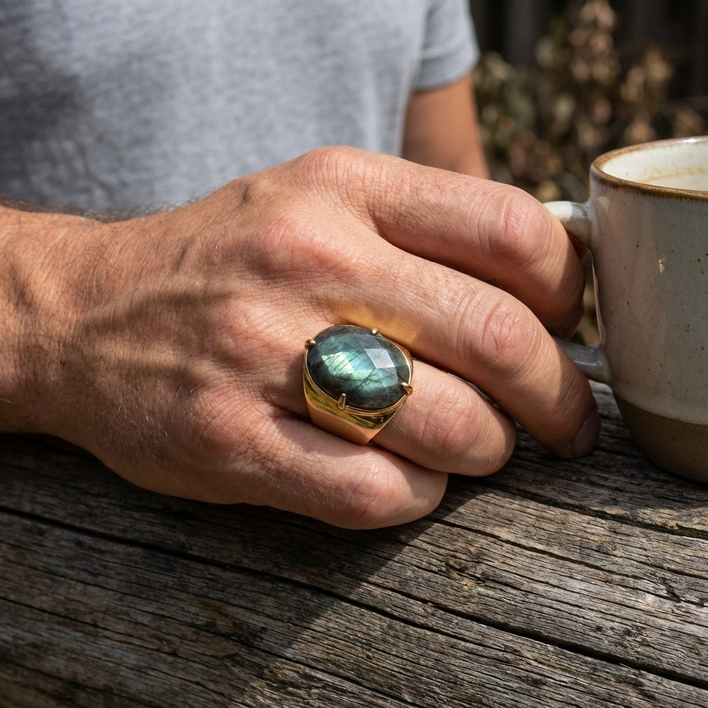 Natural Labradorite Faceted Stone Golden Flexi Size Ring | 18K Real Gold PVD Plated– For Men | Includes: Ring