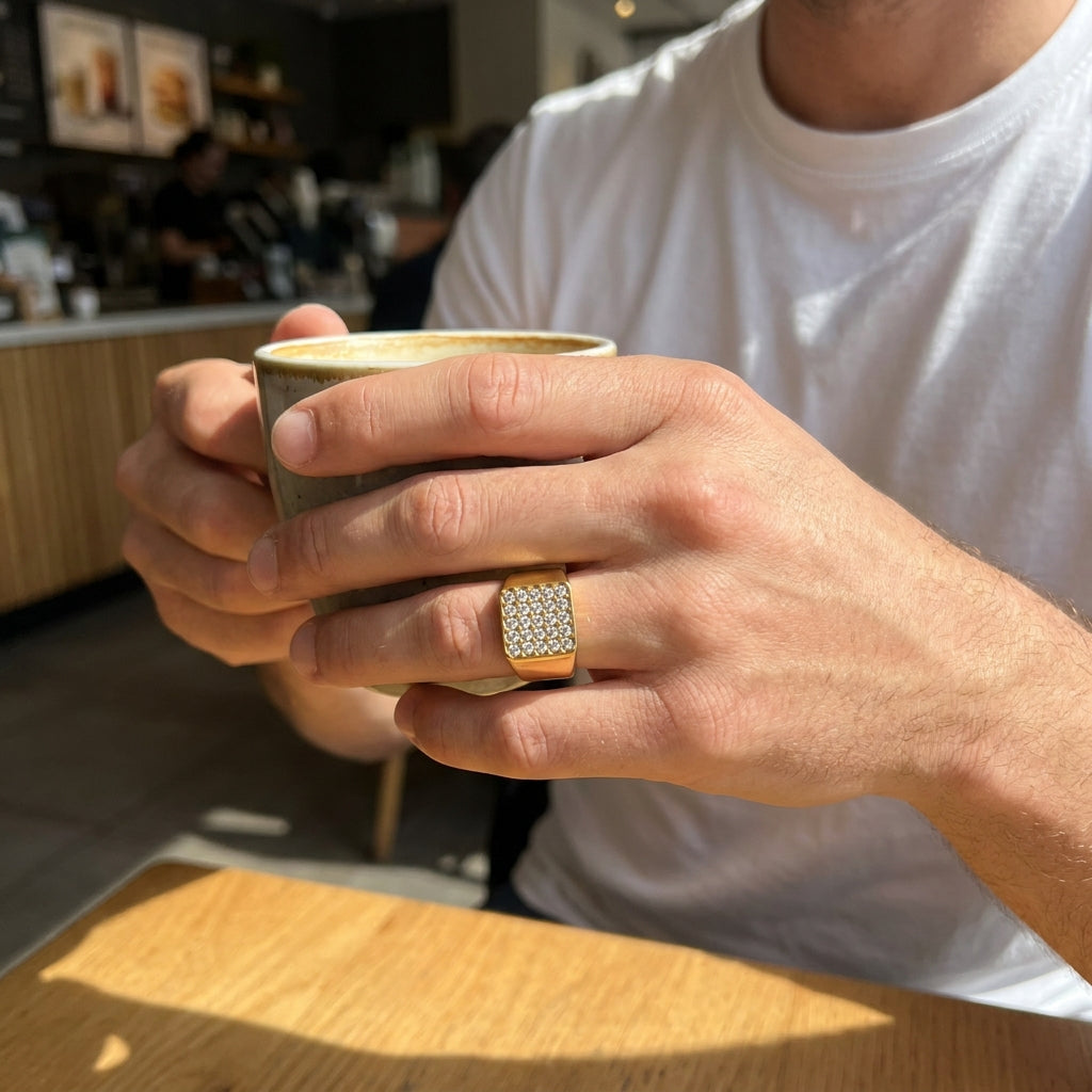 Golden Multi Zircon Square Inlay Steel Ring | 18K Real Gold PVD Plated– For Men | Includes: Ring