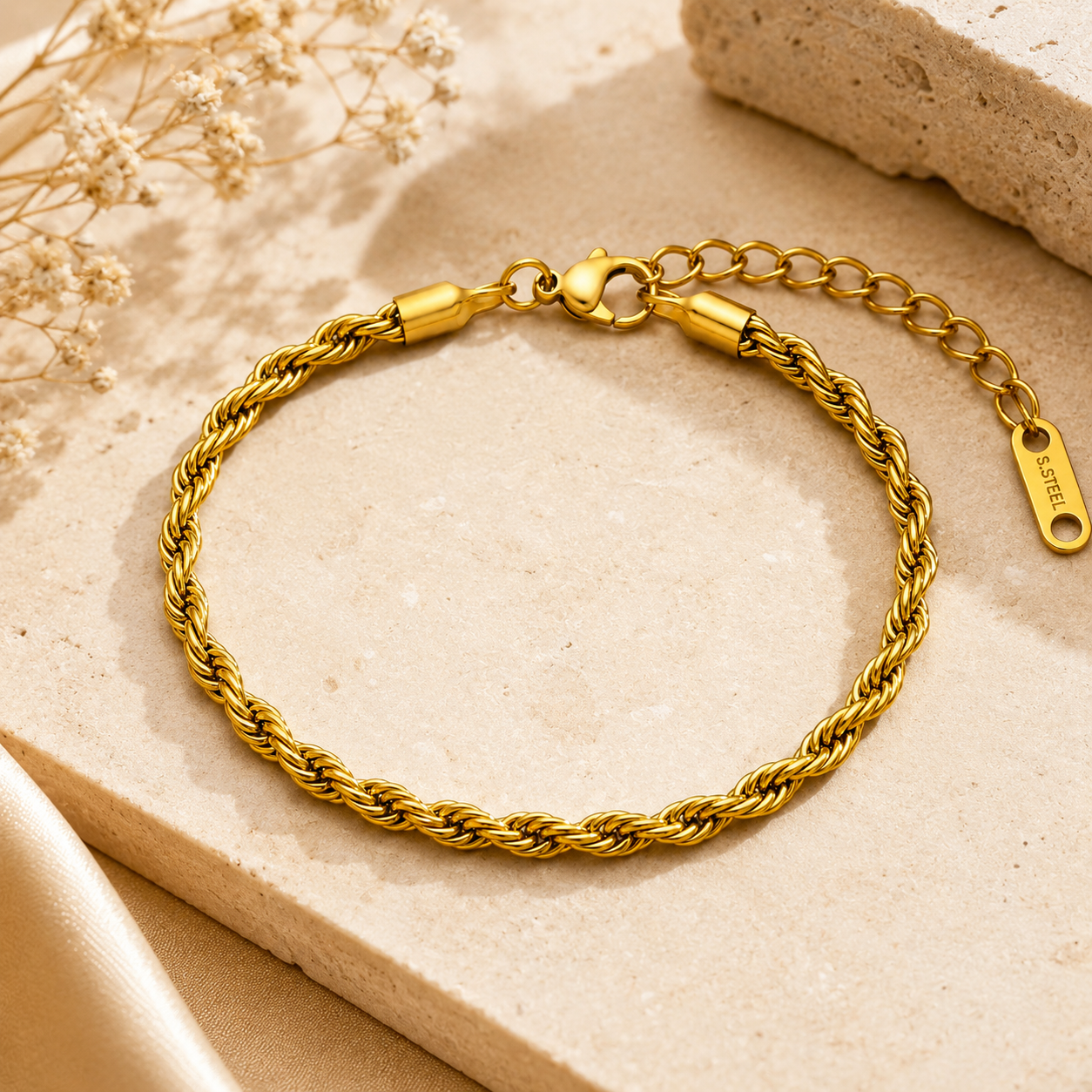 Golden Rope Flexi Size Steel THIN Bracelet (4MM) | 18K PVD Gold Plated- For Men | Includes: Bracelet