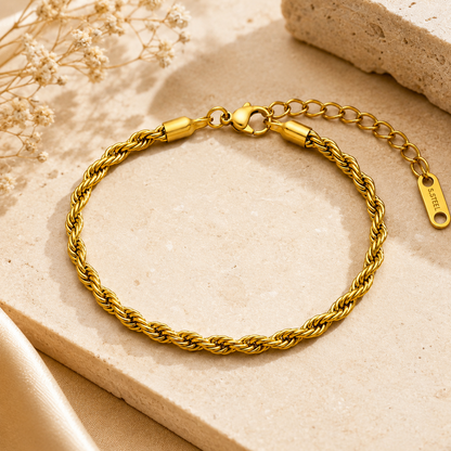 Golden Rope Flexi Size Steel THIN Bracelet (4MM) | 18K PVD Gold Plated- For Men | Includes: Bracelet