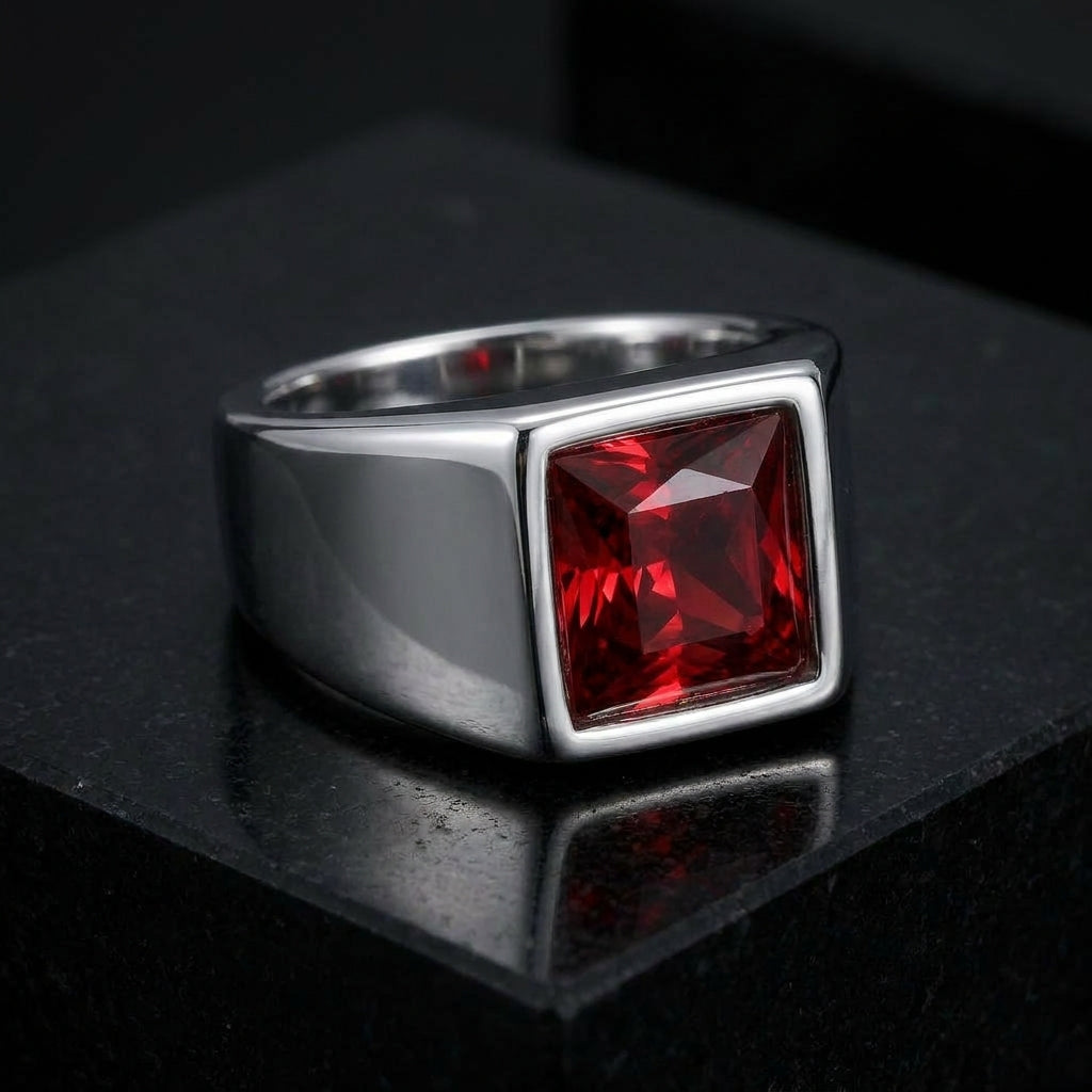 Regular Red Square Zircon Titanium Ring | PVD Plated– For Men | Includes: Ring
