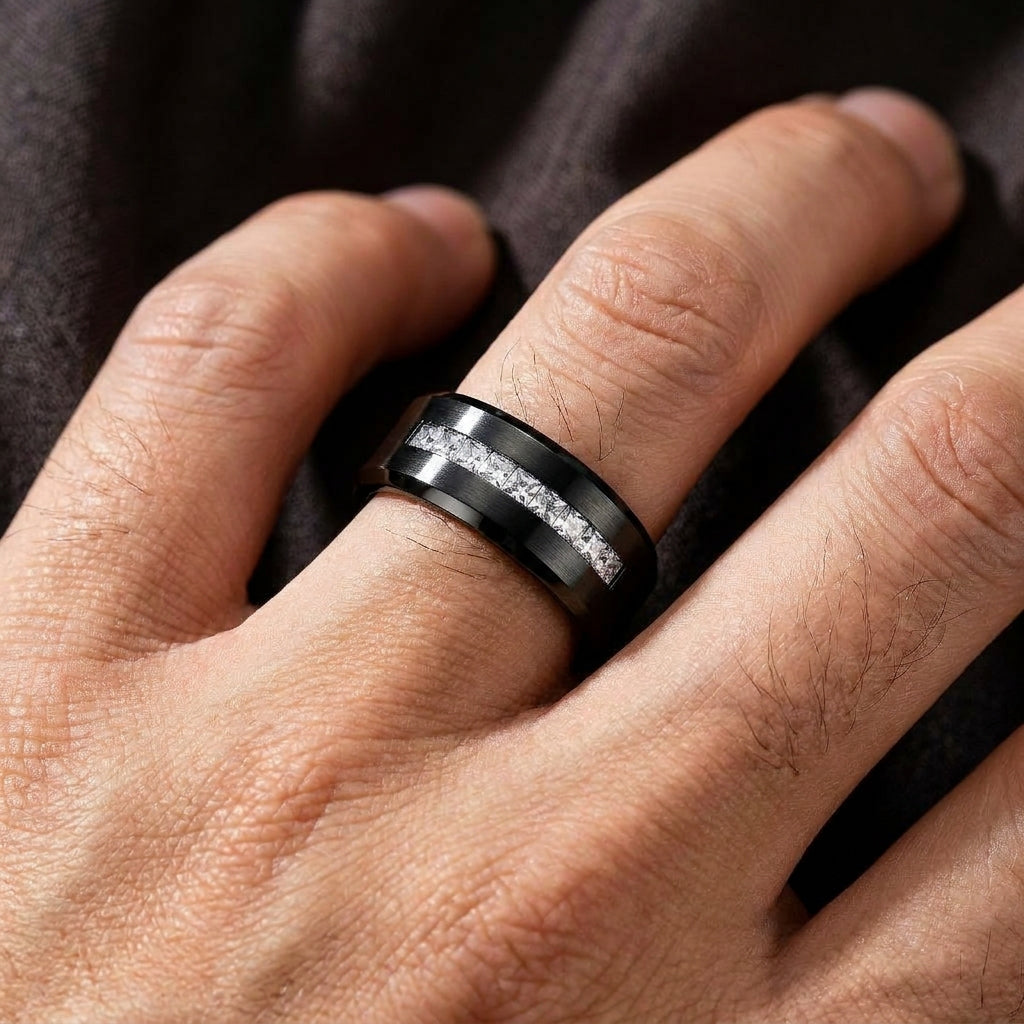 Black Titanium Zircon Stub Modern Ring | PVD Plated– For Men | Includes: Ring