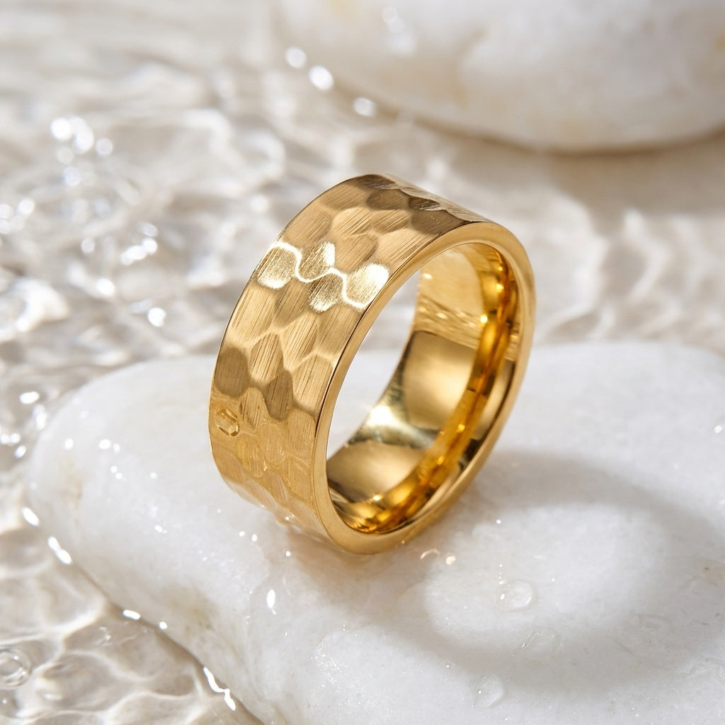 Hammered Titanium Steel Golden Ring | 18K Real Gold PVD Plated– For Men | Includes: Ring
