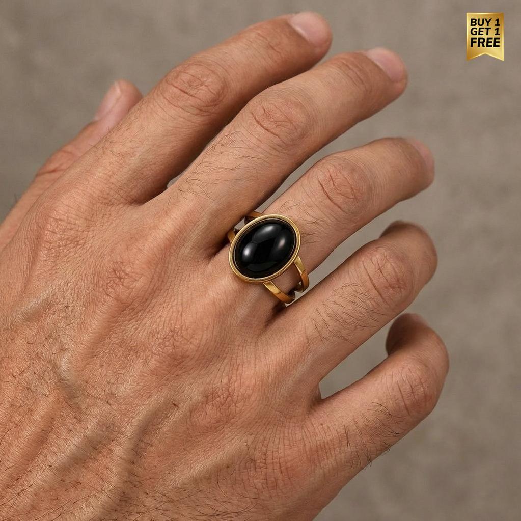 Black Onyx Stone Golden Dual Band Oval Ring | 18K Real Gold PVD Plated– For Men | Includes: Ring