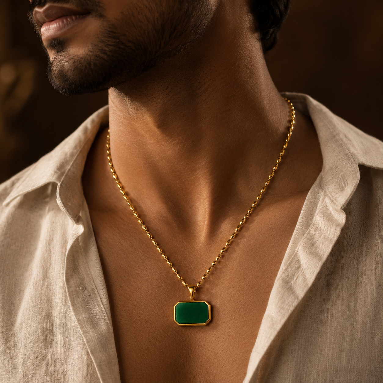 Green Jade REAL Stone Men's Necklace | 18K PVD Gold Plated - For Men| Includes: Necklace