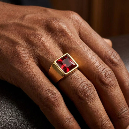 Golden Regular Red Square Zircon Titanium Ring | 18K Real Gold PVD Plated– For Men | Includes: Ring