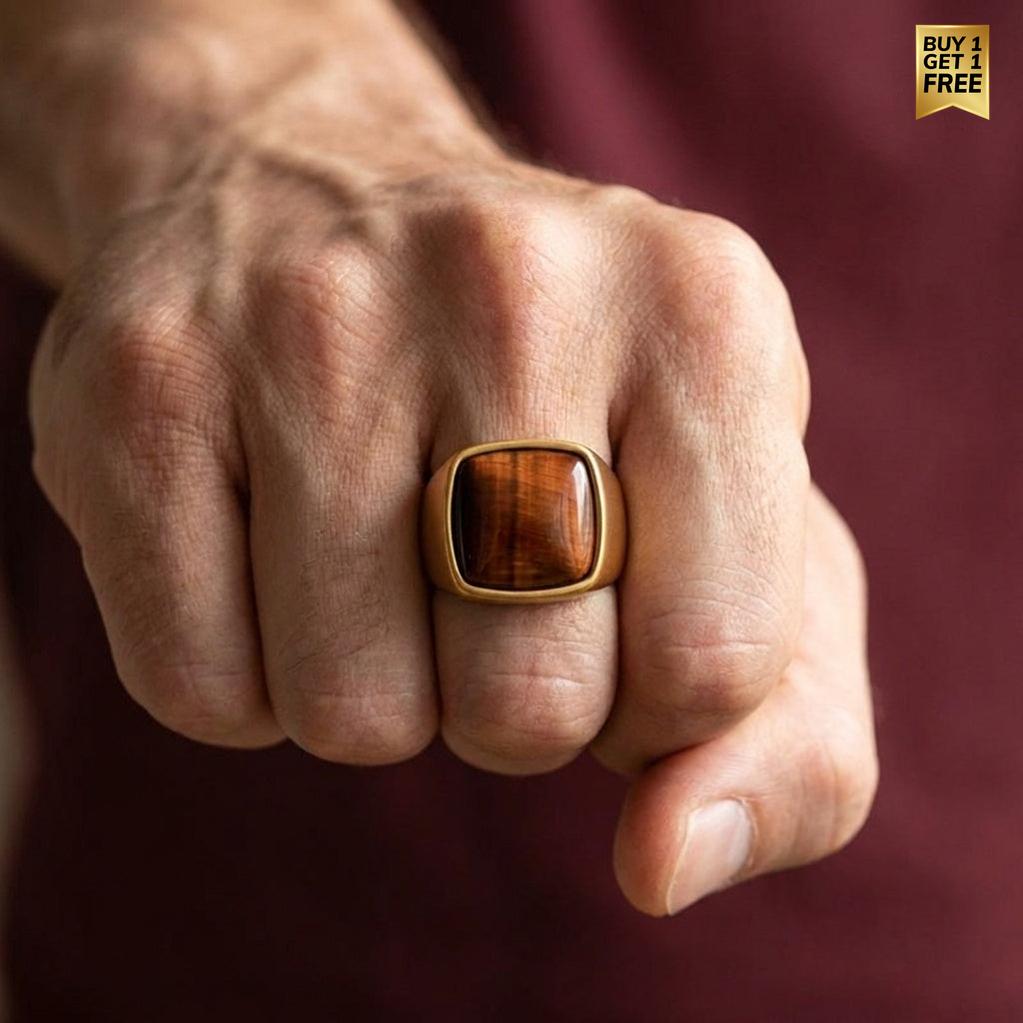 Natural Red Tiger Eye Stone BOLD Titanium Golden Ring | 18K Real Gold PVD Plated– For Men | Includes: Ring
