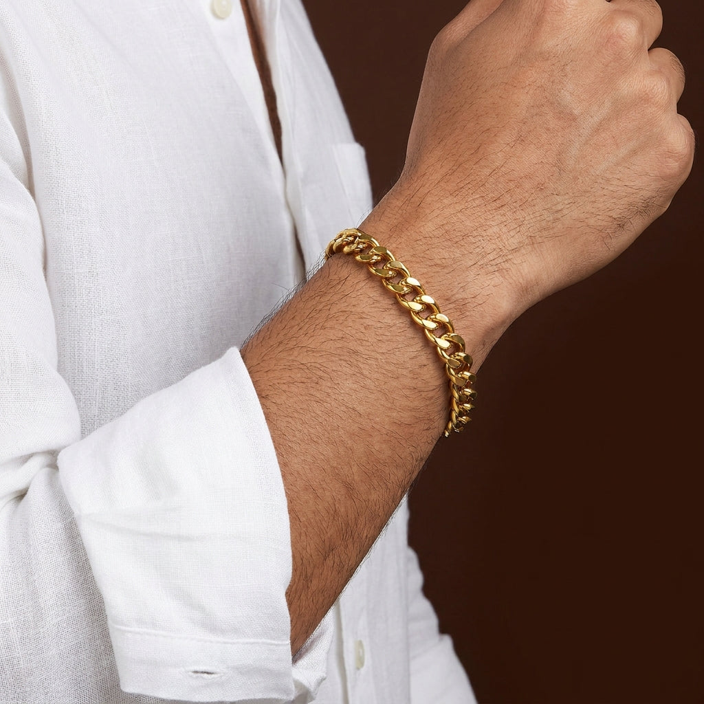 Golden Lean-Link Flexi Size Steel BOLD Bracelet (9MM) | 18K PVD Gold Plated- For Men | Includes: Bracelet