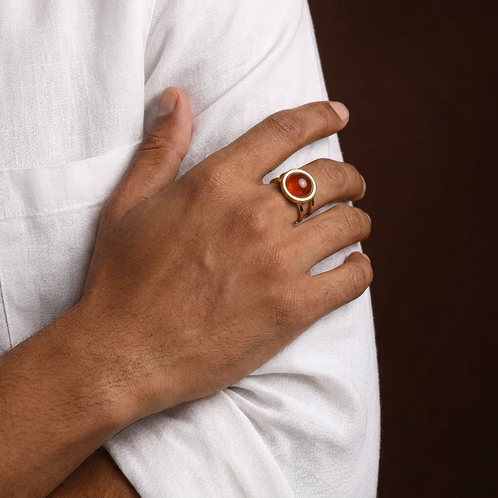 Carnelian Real Stone Flexi Size Golden Ring | 18K Real Gold PVD Plated– For Men | Includes: Ring