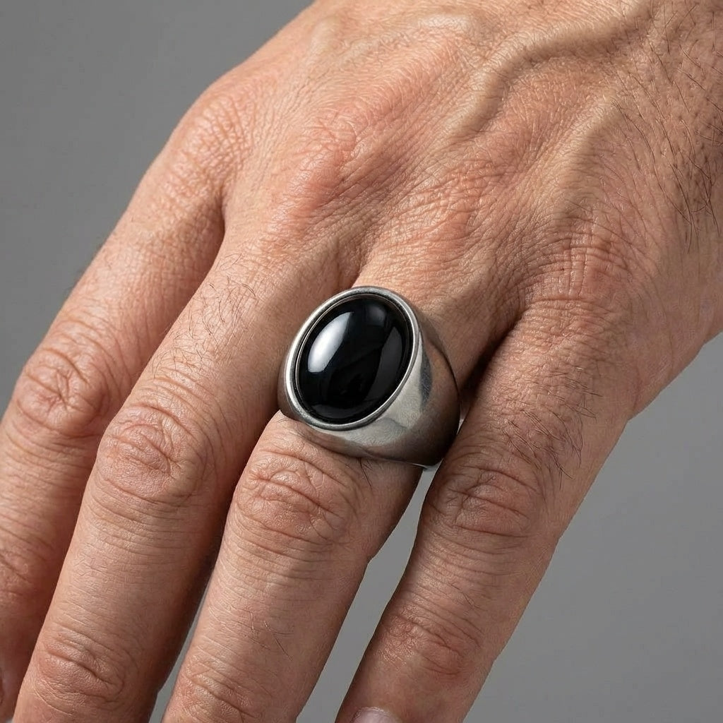 Natural BOLD Black Onyx Stone Golden Titanium Steel Ring | PVD Plated– For Men | Includes: Ring