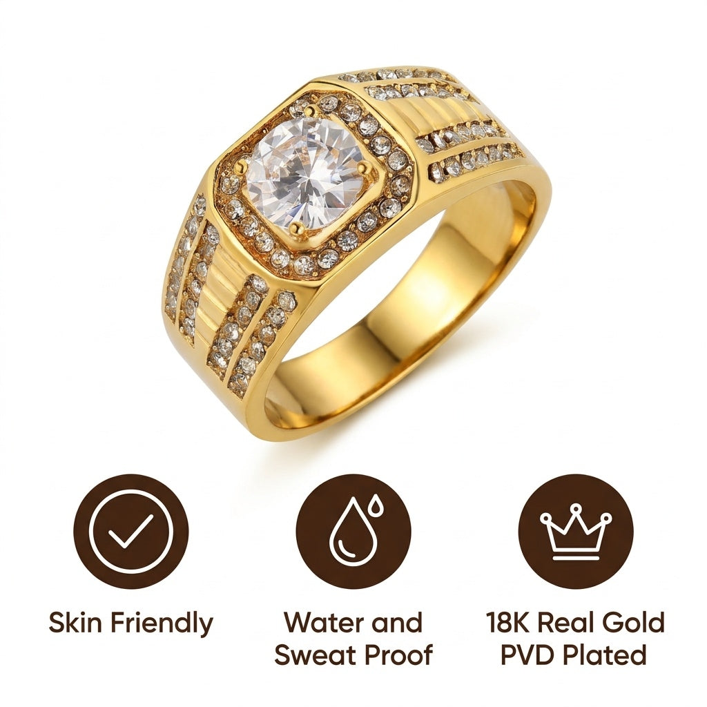 Classic Heritage Clear Zircon Ring | 18K Real Gold PVD Plated– For Men | Includes: Ring