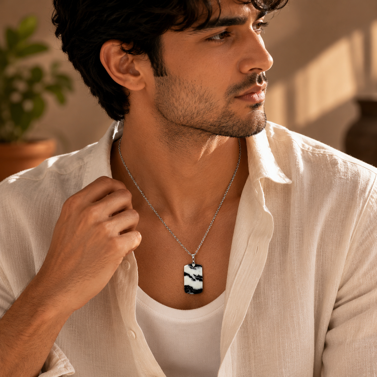 Zebra Jasper REAL Stone Men's Necklace | Stainless Steel - For Men| Includes: Necklace