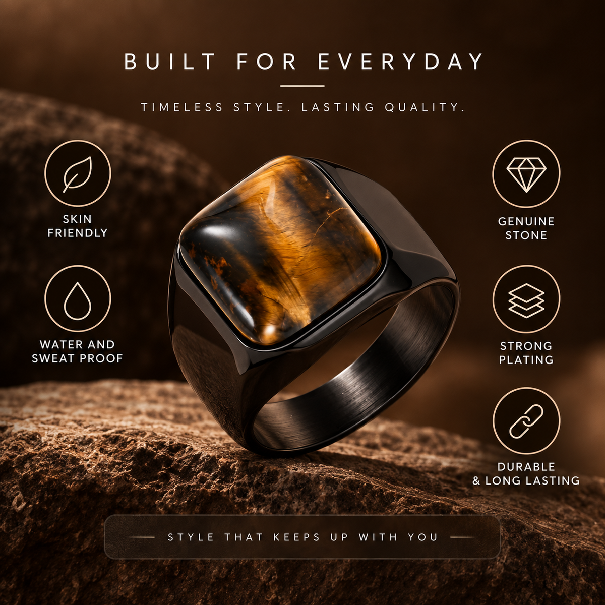 Natural BOLD Tiger Eye Stone Golden Titanium Steel Ring | PVD Plated– For Men | Includes: Ring