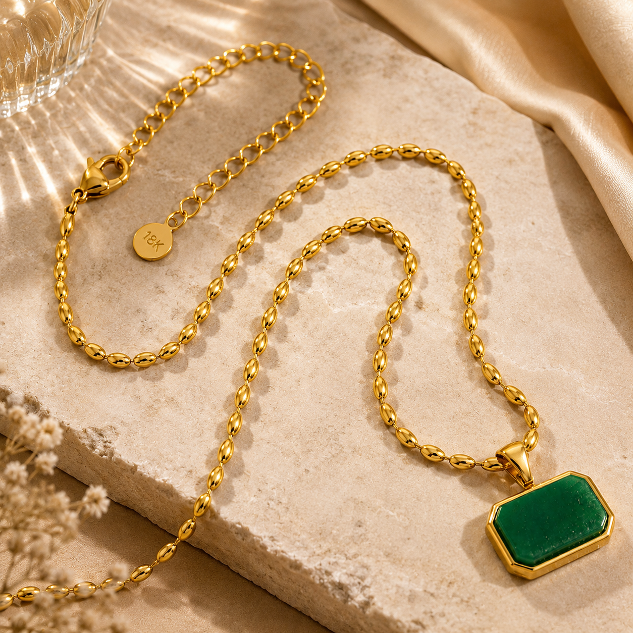 Green Jade REAL Stone Men's Necklace | 18K PVD Gold Plated - For Men| Includes: Necklace