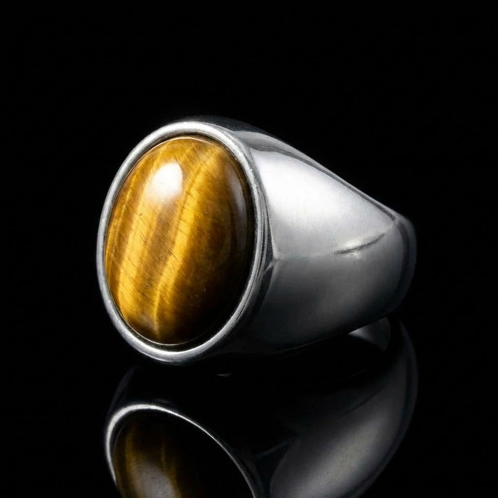 Natural BOLD Tiger Eye Stone Golden Titanium Steel Ring | PVD Plated– For Men | Includes: Ring