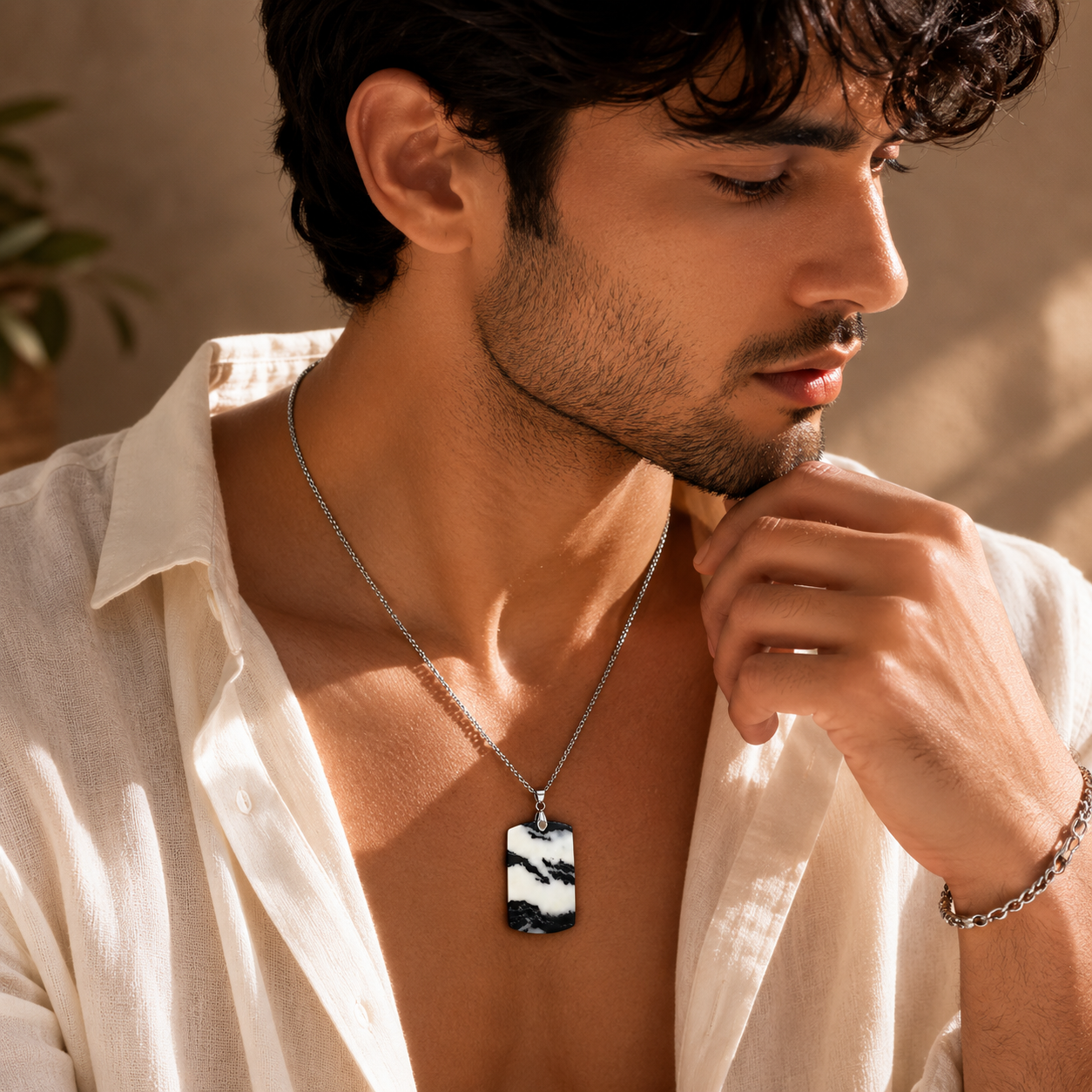 Zebra Jasper REAL Stone Men's Necklace | Stainless Steel - For Men| Includes: Necklace