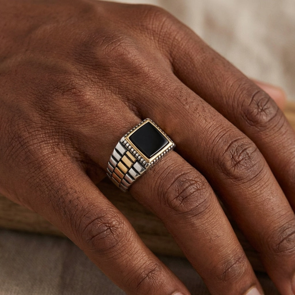 Natural Black Obsidian Stone Pyramid Ring | TITANIUM STEEL– For Men | Includes: Ring