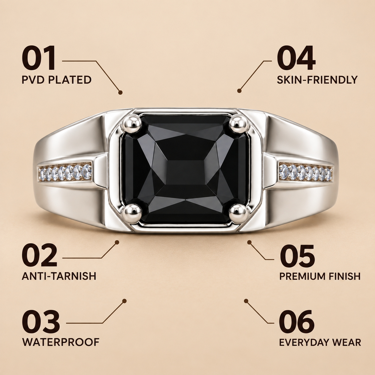 Square Black Statement Ring | Silver-Tone – For Men | Includes: Ring