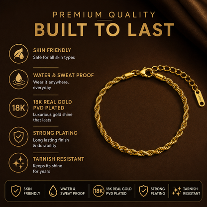 Golden Rope Flexi Size Steel THIN Bracelet (4MM) | 18K PVD Gold Plated- For Men | Includes: Bracelet