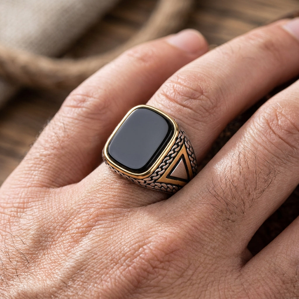 Real Black Stone Everyday Titanium Steel Ring | PVD Plated– For Men | Includes: Ring