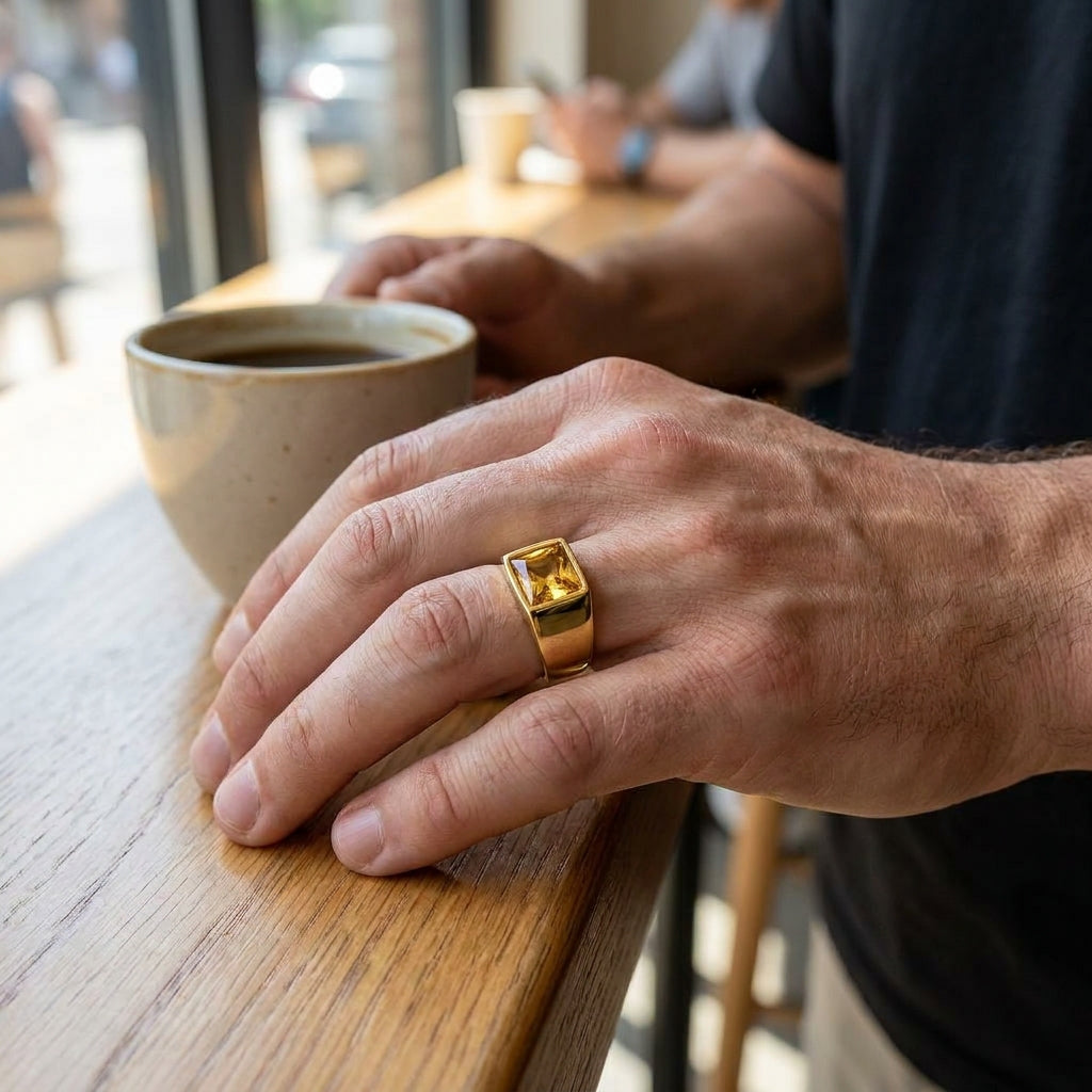 Golden Regular Yellow Square Zircon Titanium Ring | 18K Real Gold PVD Plated– For Men | Includes: Ring