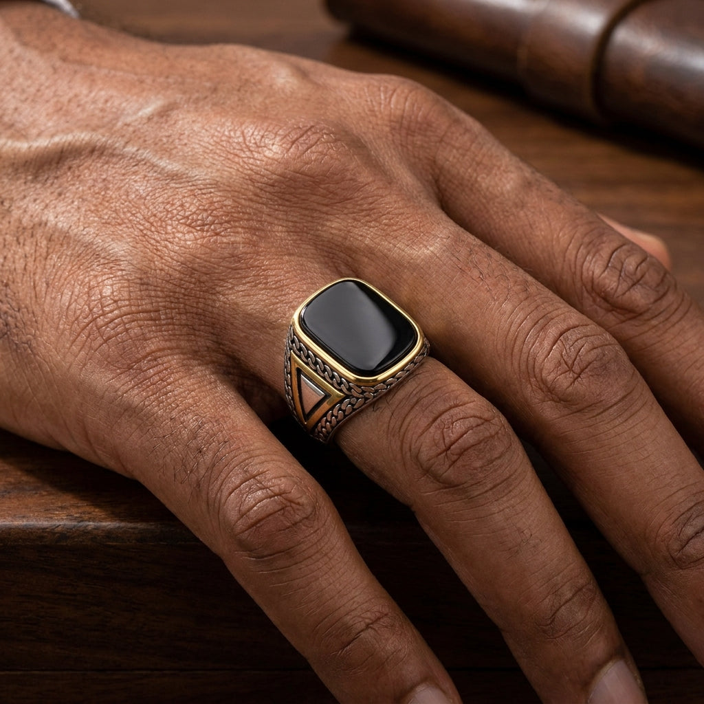 Real Black Stone Everyday Titanium Steel Ring | PVD Plated– For Men | Includes: Ring