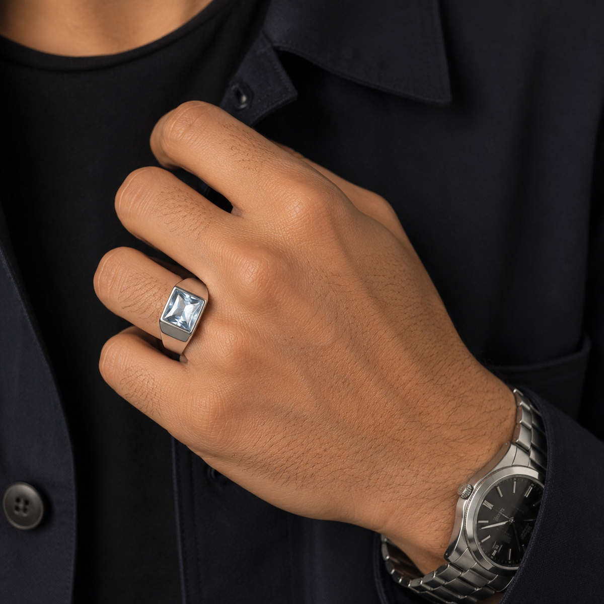 Regular Watery Blue Square Zircon Titanium Ring | PVD Plated– For Men | Includes: Ring
