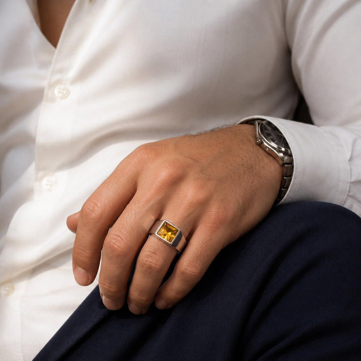 Regular Yellow Square Zircon Titanium Ring | PVD Plated– For Men | Includes: Ring