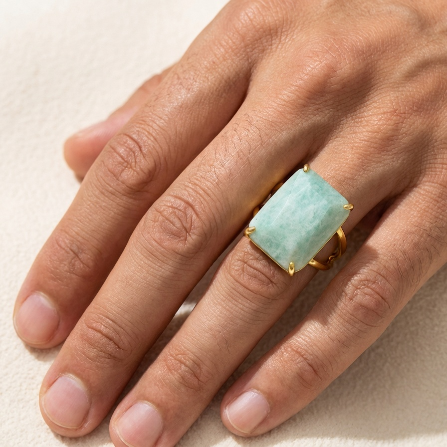 BOLD Natural Amazonite Stone Golden Flexi Size Ring | 18K Real Gold PVD Plated– For Men | Includes: Ring