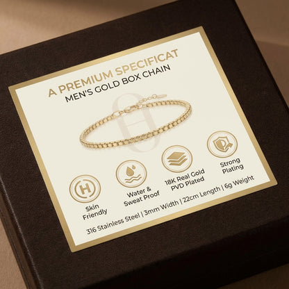 Golden Box Design Flexi Size Steel THIN Bracelet (3MM) | 18K PVD Gold Plated- For Men | Includes: Bracelet