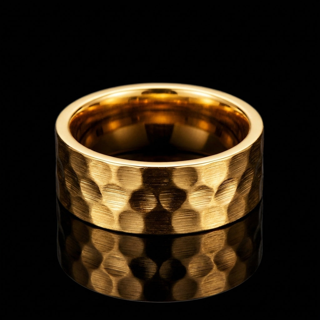Hammered Titanium Steel Golden Ring | 18K Real Gold PVD Plated– For Men | Includes: Ring