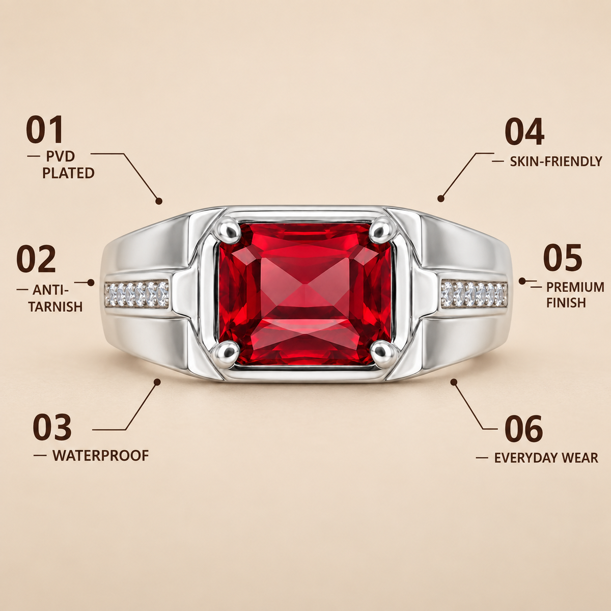 Square Red Statement Ring | Silver-Tone – For Men | Includes: Ring