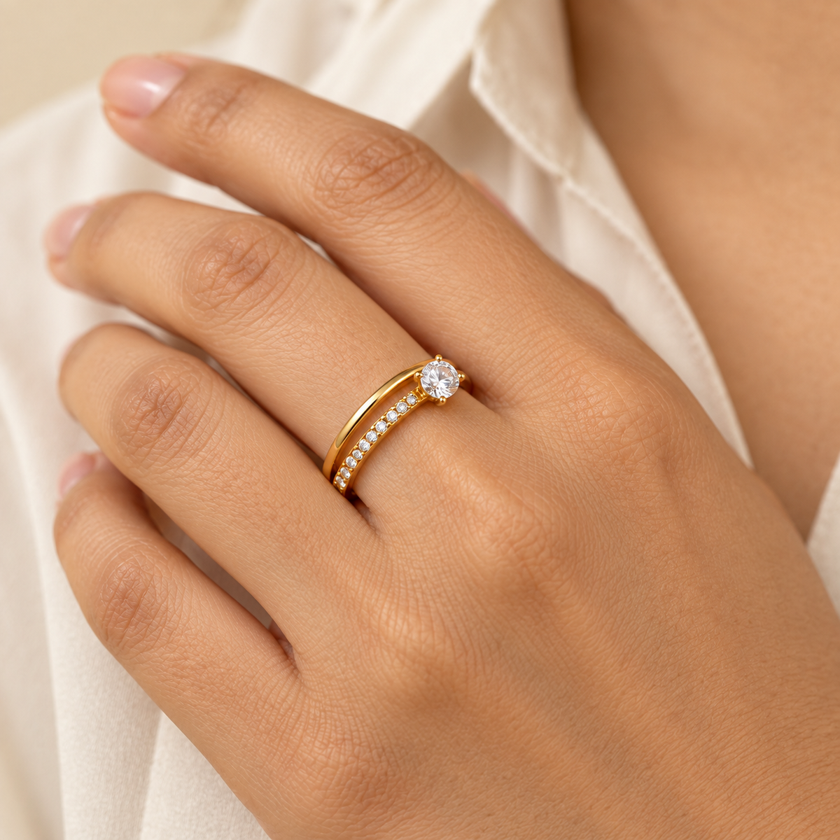 Classic 2-Layer Solitaire Zircon Ring | 18K PVD Gold Plated- For Women | Includes: Ring