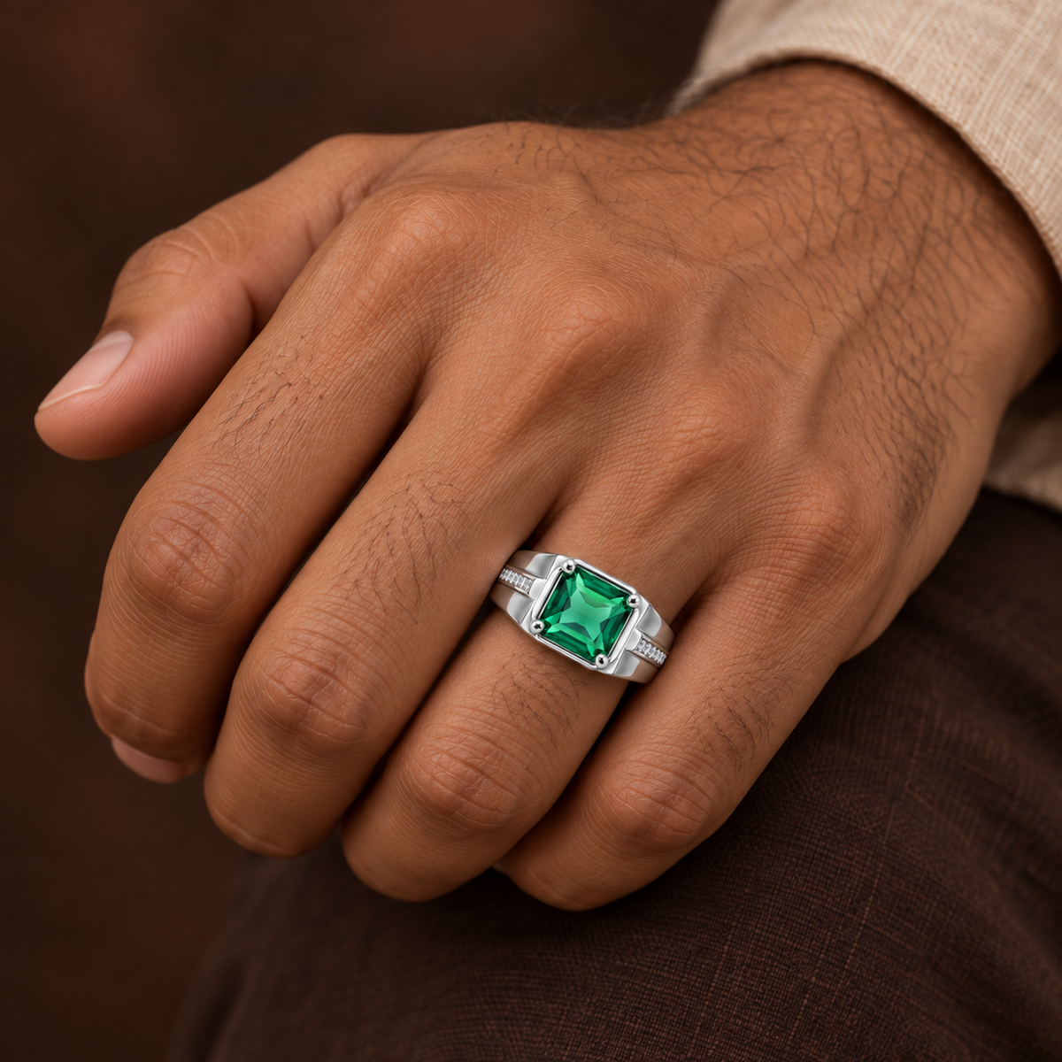 Square Green Statement Ring | Silver-Tone – For Men | Includes: Ring