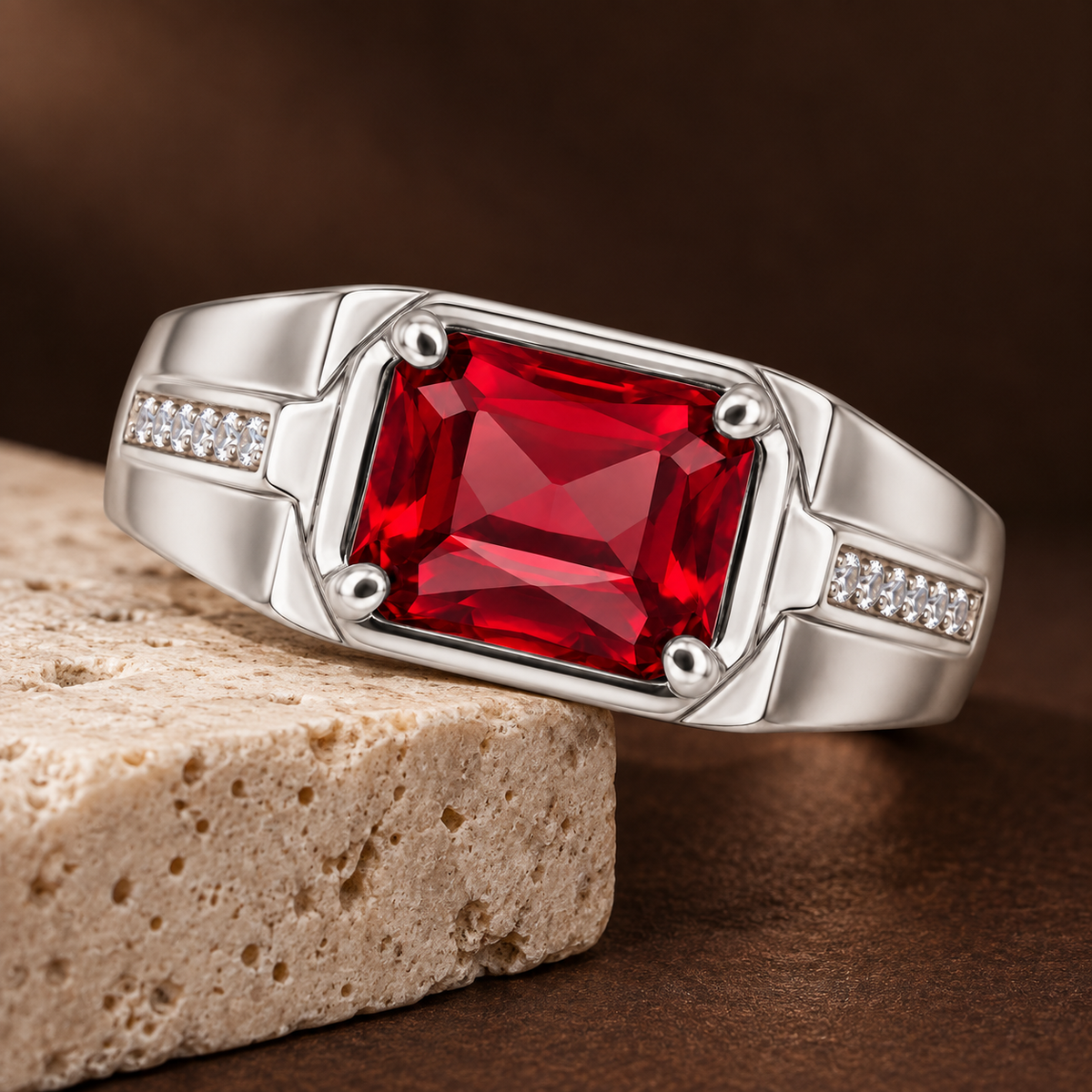 Square Red Statement Ring | Silver-Tone – For Men | Includes: Ring
