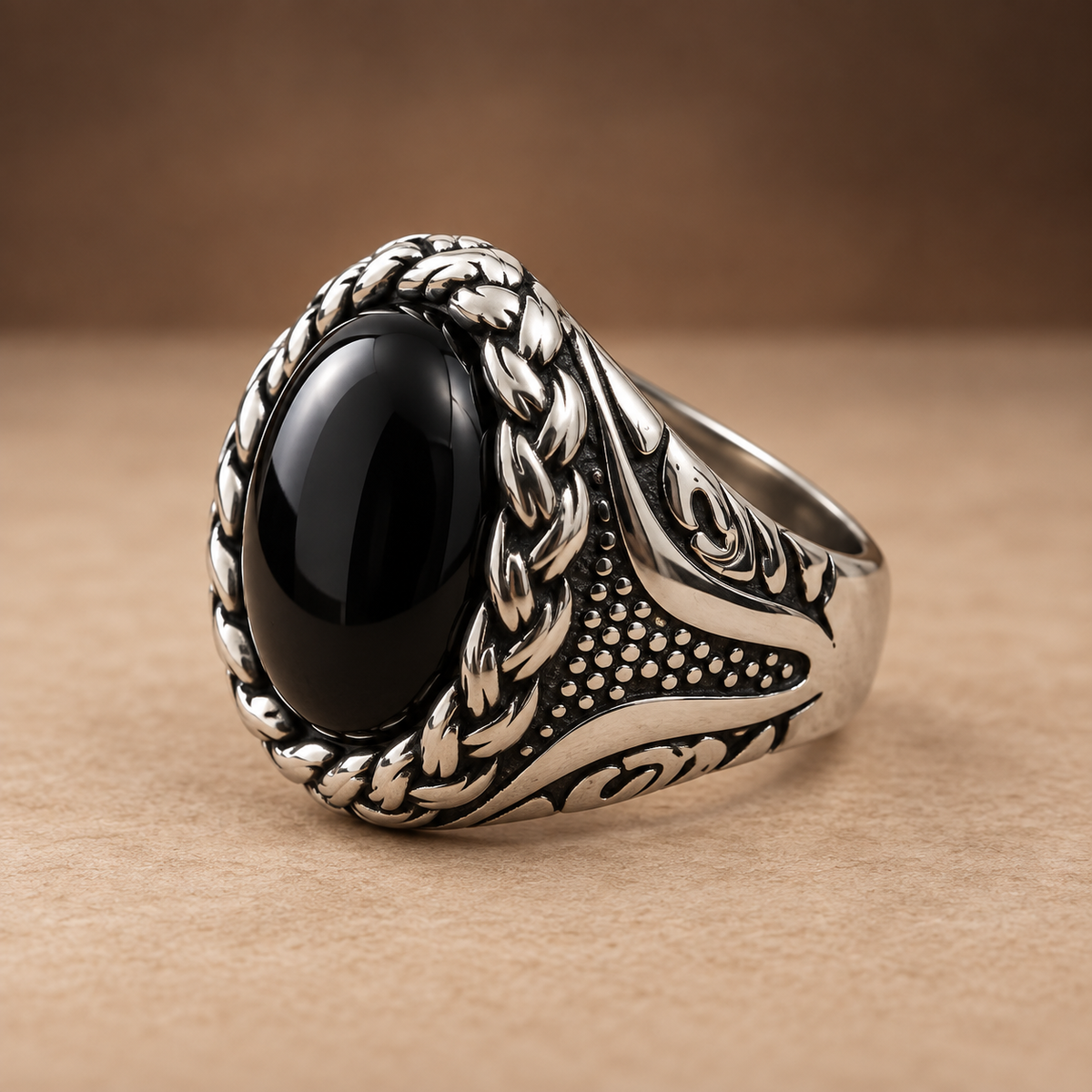 Black Oval Braided Statement Ring | Silver-Tone – For Men | Includes: Ring