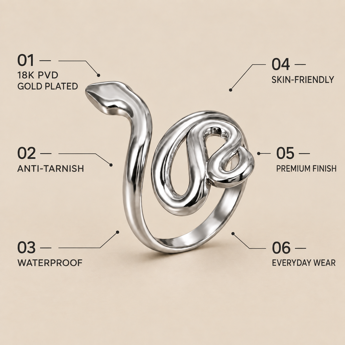 Silversish Snaky Ring | PVD Plated Steel- For Women | Includes: Ring