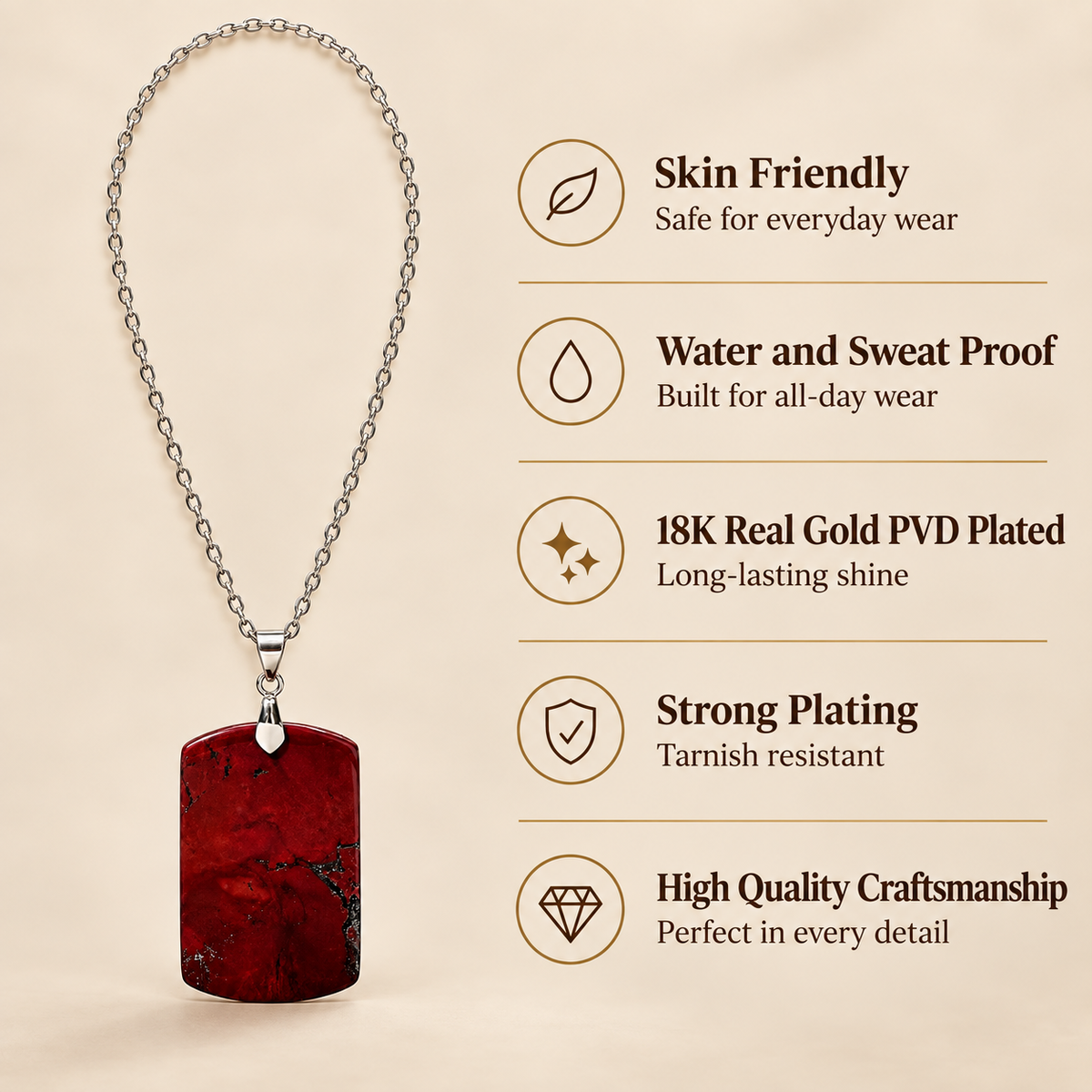 Vitality Red Jasper REAL Stone BOLD Necklace | Stainless Steel - For Women | Includes: Necklace