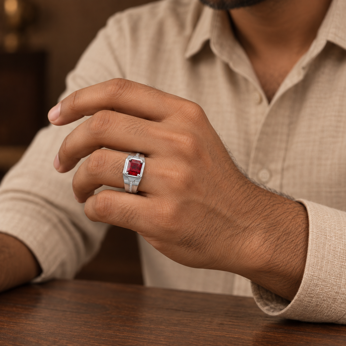 Square Red Statement Ring | Silver-Tone – For Men | Includes: Ring